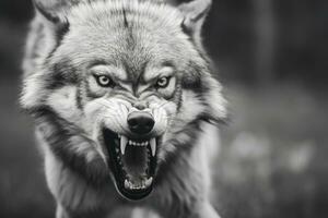 AI generated Greyscale closeup shot of an angry wolf with a blurred background. AI Generated photo