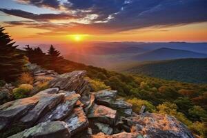 ai generado puesta de sol en pedregoso hombre montaña. ai generado foto