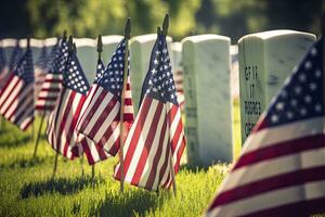 AI generated Military Headstones and Gravestones Decorated With Flags for Memorial Day.  AI Generated photo