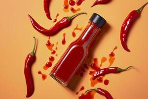 AI generated Tabasco hot pepper sauce with red chili pepper, flat lay. Generative AI photo