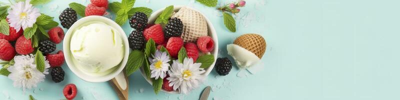 ai generado cucharadas de vainilla, menta hojas en un vaso bol, asperja, bayas, y flores generativo ai foto