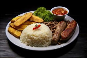 ai generado arroz, frijoles, francés papas fritas, y carne. generativo ai foto