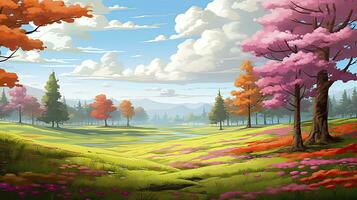 AI generated Spring season with colorful flowers and trees in a pretty meadow or field. AI Generated. photo