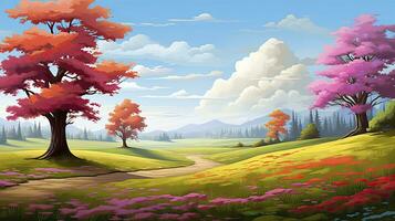 AI generated Spring season with colorful flowers and trees in a pretty meadow or field. AI Generated. photo