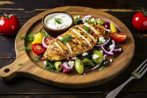 AI generated Seared chicken breast and Greek salad on a wooden table. Generative AI photo