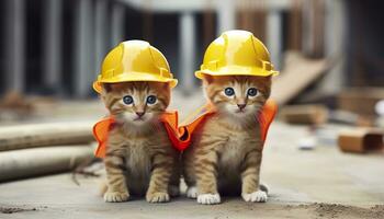 ai generado dos gatitos vistiendo difícil sombreros en un construcción sitio. generativo ai foto