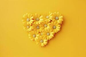 AI generated Yellow Heart Shaped By Yellow Daisies Over Yellow Background. AI Generated photo