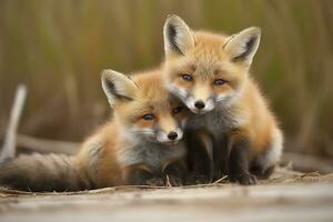 AI generated Wild baby red foxes cuddling at the beach. Generative AI photo