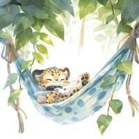 AI generated A sleepy baby leopard in a hammock. watercolor illustration. AI Generated photo