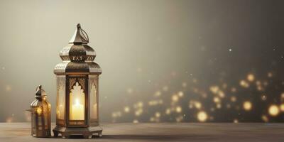 AI generated Celebration of islamic eid mubarak and eid al adha lantern in a light background. AI Generated photo