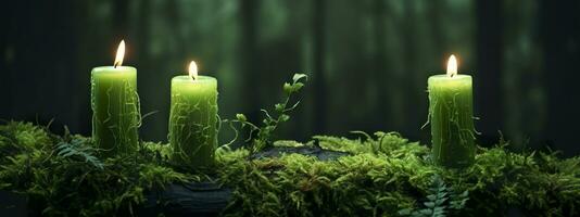 AI generated Burning candles on moss, dark green blurred the natural background. Magic candle. Generative AI photo