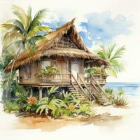 AI generated A watercolored bright serene image of a traditional bahay kubo. AI Generated photo