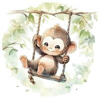 AI generated Cute happy baby monkey on swings on a tree in watercolor. AI Generated photo