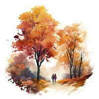 AI generated Watercolor autumn landscape with a couple walking. AI Generated photo