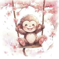 AI generated Cute happy baby monkey on swings on a tree in watercolor. AI Generated photo