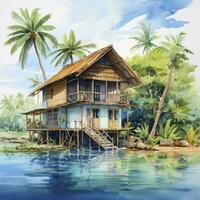 AI generated A watercolored bright serene image of a traditional bahay kubo. AI Generated photo