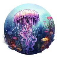 AI generated Jellyfish in an underwater landscape in a circle. AI Generated photo