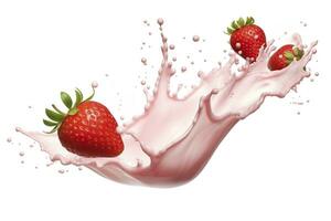 AI generated milk or yogurt splash with strawberries isolated on white background, 3d rendering. AI Generated photo