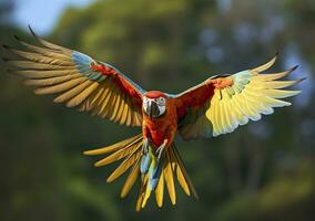 AI generated Flying macaw, beautiful bird. Generative AI photo