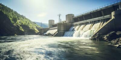 ai generado hidroeléctrico represa generando verde energía desde fluido agua. ai generado. foto