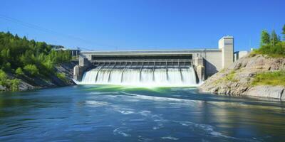 ai generado hidroeléctrico represa generando verde energía desde fluido agua. ai generado. foto