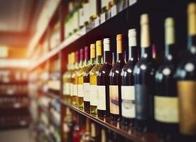 AI generated Abstract blur wine bottles on liquor alcohol shelves in supermarket store background. Generative AI photo