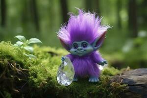 AI generated Tale troll with crystals in the forest, natural green background. Generative AI photo