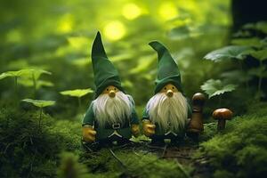 AI generated Toy Irish gnomes in a mystery forest, abstract green natural background. Generative AI photo