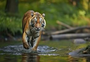 ai generado amur Tigre caminando en el agua. peligroso animal. animal en un verde bosque arroyo. generativo ai foto