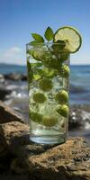 AI generated Stunning photo of cocktail mojito, a sunny summer beach in the background. Generative AI