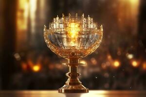 AI generated The golden monstrance with a little transparent crystal center, consecrated host. church defocused background. AI Generative photo