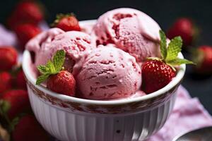 AI generated Strawberry Ice Cream with Fresh Strawberries. AI Generated photo