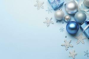 AI generated Christmas Eve concept. Top view photo of blue and silver baubles snowflake ornaments stylish present boxes and confetti. AI Generated