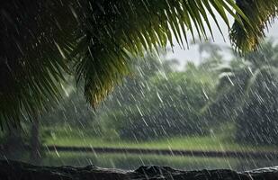 ai generado lluvia en el zona tropical durante el bajo temporada o monzón estación. gotas de lluvia en un jardín. generativo ai foto