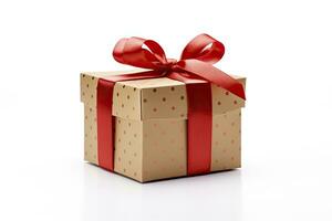 AI generated Gift box with red ribbon isolated on white background. AI Generated photo