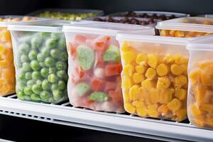 AI generated Frozen food in the freezer. Frozen vegetables. AI Generated photo