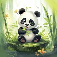 AI generated Cute panda in the middle of a bamboo forest. T-shirt design. AI Generated photo