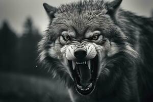 AI generated Greyscale closeup shot of an angry wolf with a blurred background. AI Generated photo