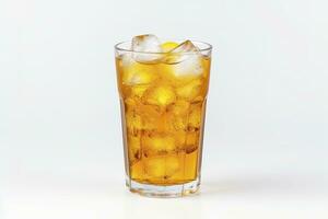 AI generated A glass of orange soda water with ice cubes on white background. AI Generated photo