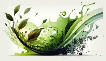 AI generated Green herbal tea wave splash with leaves flow. AI Generated photo