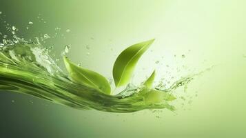 AI generated Green herbal tea wave splash with leaves flow. AI Generated photo