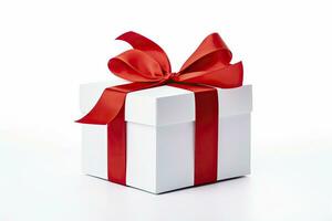 AI generated Gift box with red ribbon isolated on white background. AI Generated photo