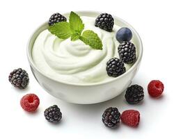 AI generated Green bowl of greek yogurt and fresh berries isolated on white background. AI Generated photo