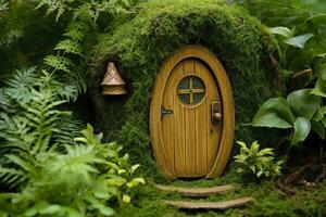 AI generated Little magic wooden fairy doors and plants leave on a mossy natural green background. AI Generated photo