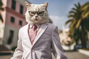 AI generated A cat is wearing sunglasses, suit and standing on street. AI Generated photo