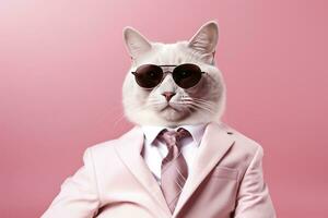 ai generado un gato es vistiendo Gafas de sol y traje en rosado antecedentes. ai generado foto