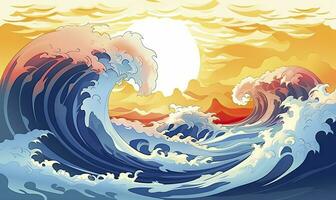 ai generado Oceano ola Dom nubes, azul amarillo resumen Oceano ola. ai generado. foto