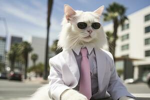 AI generated A cat is wearing sunglasses, suit and standing on street. AI Generated photo