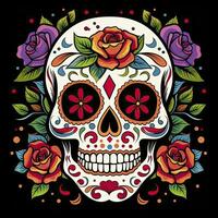 AI generated Mexican roses skull. Mexican roses skull. Dia de los muertos shugar colorful head. AI Generated photo