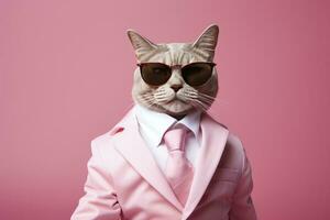 ai generado un gato es vistiendo Gafas de sol y traje en rosado antecedentes. ai generado foto